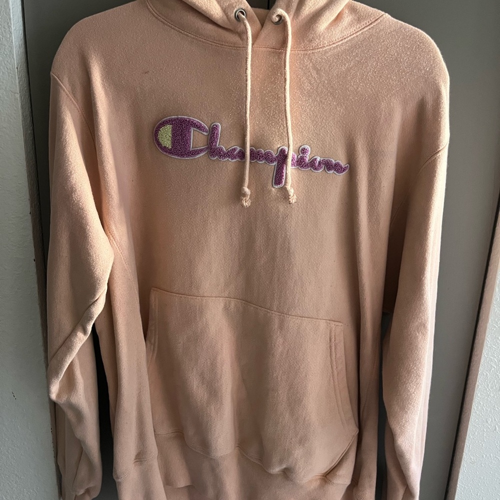 Champion Light Peach Hoodie with Purple Logo